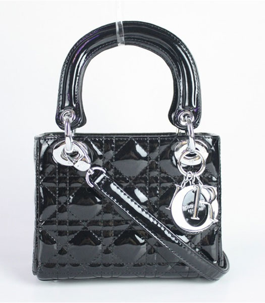 Christian Dior Black Silver Patent Leather Small Tote Bag 