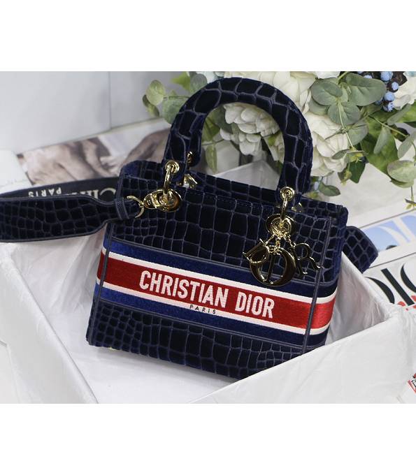 Christian Dior Blue Croc Veins Velvet With Original Leather 24cm Tote Bag