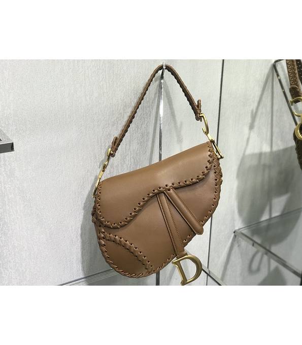 Christian Dior Brown Original Plain Veins Leather Weave Binding 25cm Saddle Bag