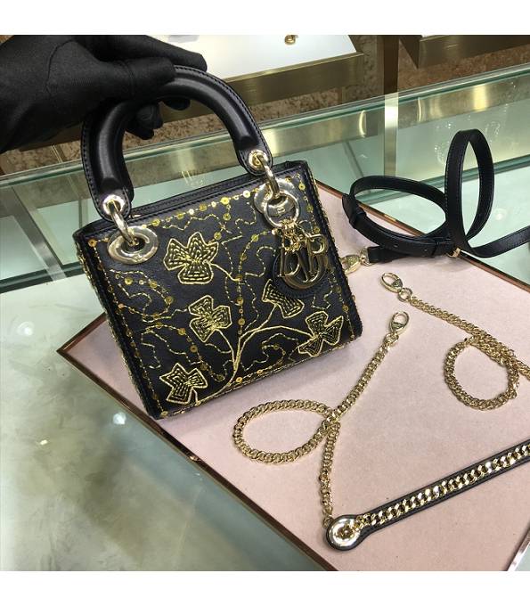 Christian Dior Clover Embroidery Black Original Calfskin Golden Metal 17cm Tote Bag