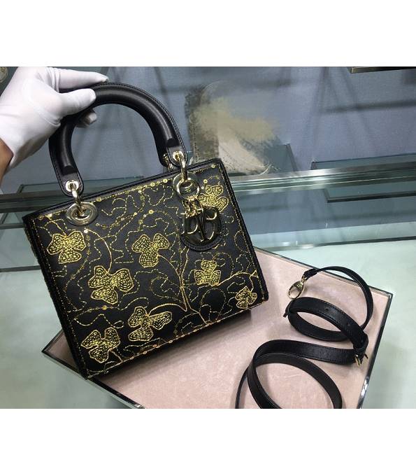 Christian Dior Clover Embroidery Black Original Calfskin Golden Metal 24cm Tote Bag