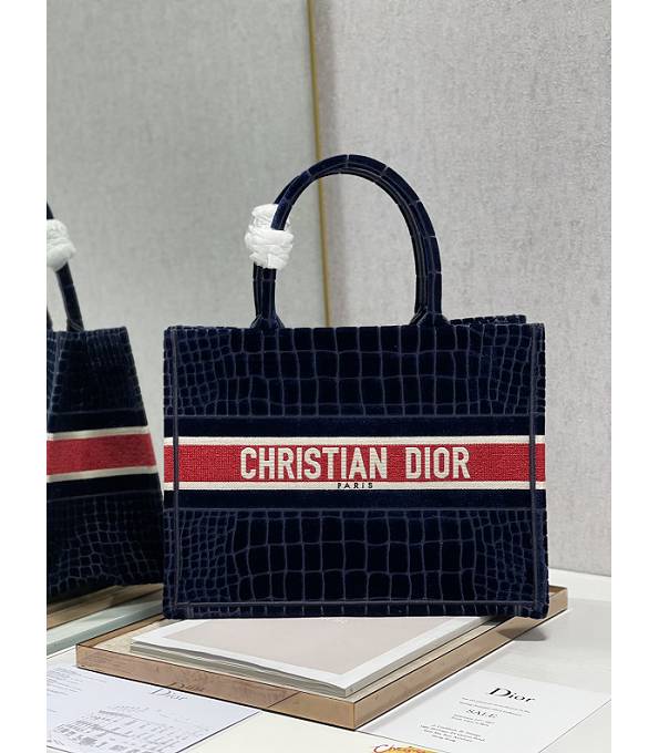 Christian Dior Dark Blue Croc Veins Velvet With Original Leather 36cm Book Tote Bag
