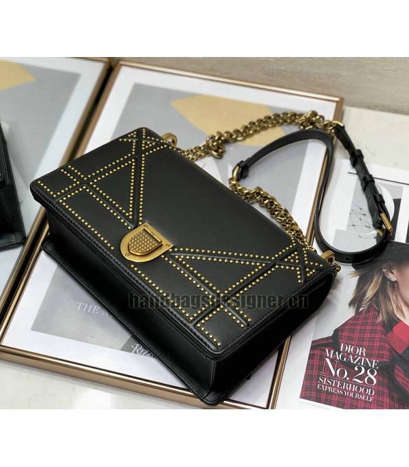 Christian Dior Diorama Original Plain Veins Leather Golden Metal Rivet 25cm Shoulder Bag Black-4