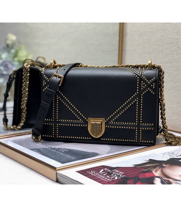 Christian Dior Diorama Original Plain Veins Leather Golden Metal Rivet 25cm Shoulder Bag Black