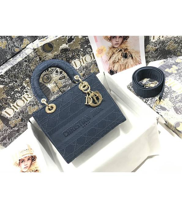 Christian Dior Embroidery Canvas Golden Metal 24cm Tote Bag Blue