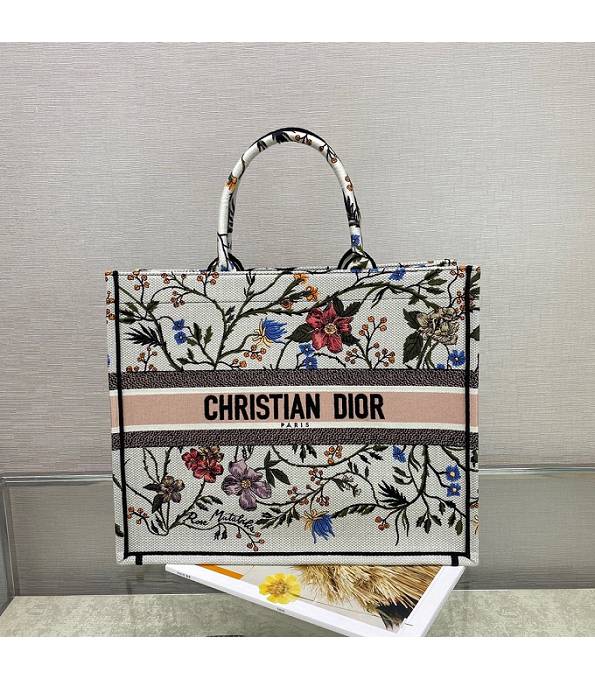Christian Dior Flower Embroidered Canvas 41cm Book Tote Bag White