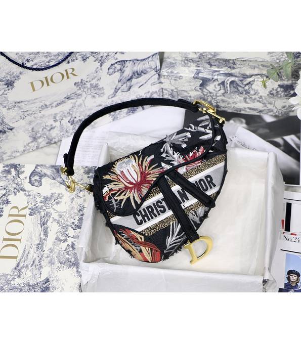 Christian Dior Flower Embroidery Black Original Canvas 25cm Saddle Bag