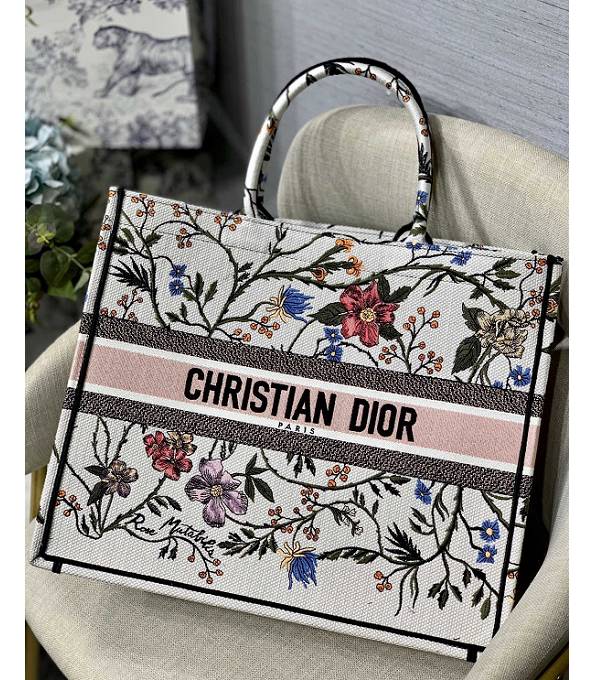 Christian Dior Flower Embroidery Canvas 41cm Book Tote Bag White