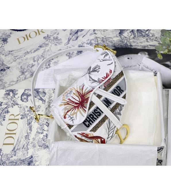 Christian Dior Flower Embroidery White Original Canvas 25cm Saddle Bag