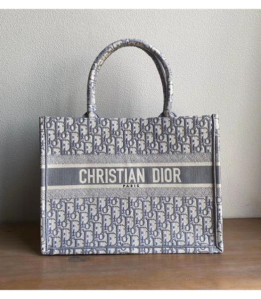 Christian Dior Grey Oblique Embroidery Canvas 36cm Book Tote Bag