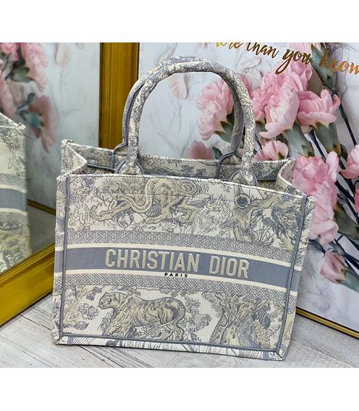 Christian Dior Grey Tiger Embroidery Canvas 37cm Book Tote Bag
