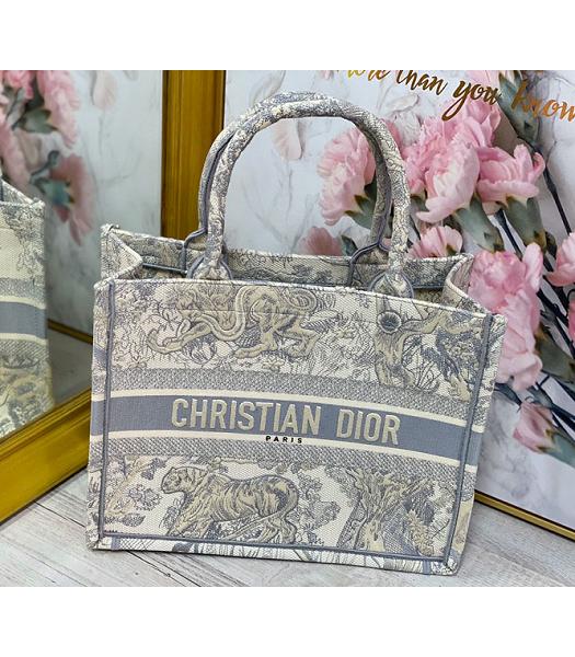 Christian Dior Grey Tiger Embroidery Canvas 41cm Book Tote Bag