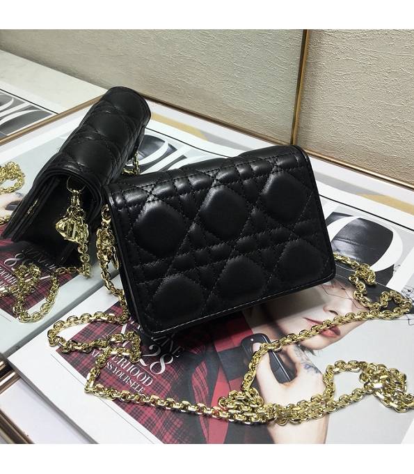 Christian Dior Lady Nano Black Original Cannage Topstitching Leather Clutch With Golden Chain