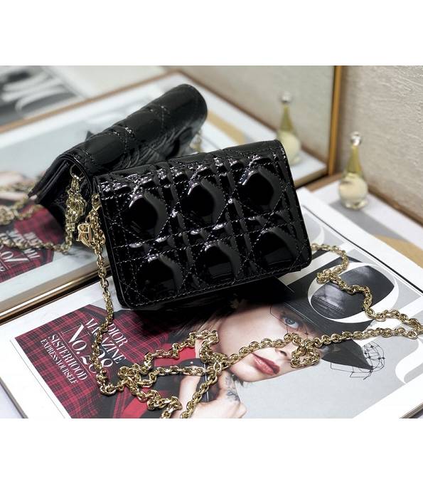 Christian Dior Lady Nano Black Original Cannage Topstitching Patent Leather Clutch With Golden Chain