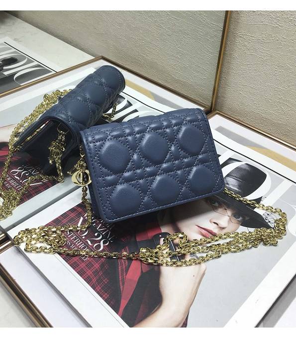 Christian Dior Lady Nano Denim Blue Original Cannage Topstitching Leather Clutch With Golden Chain