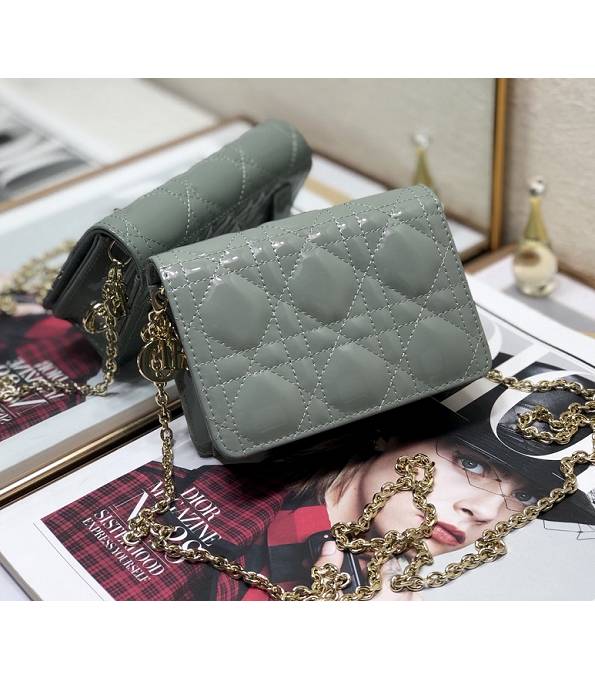Christian Dior Lady Nano Grey Original Cannage Topstitching Patent Leather Clutch With Golden Chain