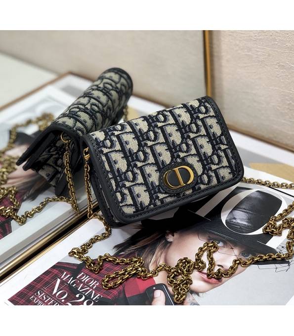Christian Dior Lady Nano Oblique Canvas With Black Original Cannage Topstitching Leather Clutch With Golden Chain