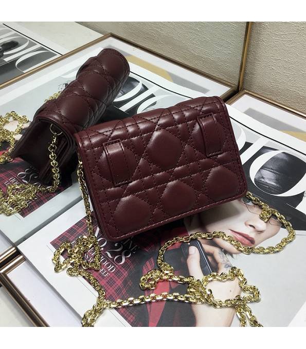 Christian Dior Lady Nano Wine Red Original Cannage Topstitching Leather Clutch With Golden Chain