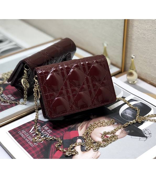 Christian Dior Lady Nano Wine Red Original Cannage Topstitching Patent Leather Clutch With Golden Chain
