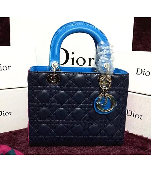 Christian Dior Lambskin Leather 24cm Tote Bag Dark Blue/Rose Red