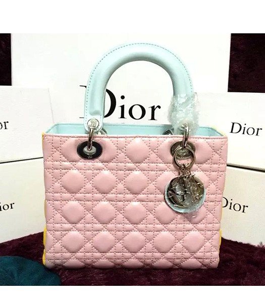 Christian Dior Lambskin Leather 24cm Tote Bag Pink/Yellow/Green