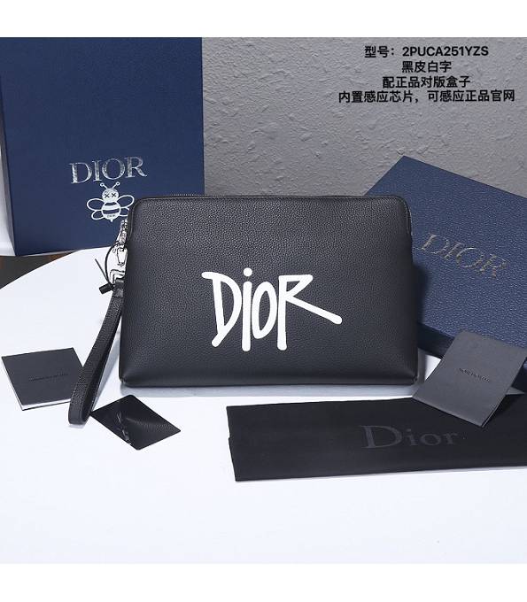Christian Dior Logo Print Black Original Litchi Veins Calfskin Leather Clutch With Checking IC Chip