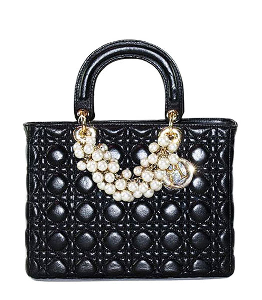 Christian Dior Medium Black Lambskin Leather Tote With Golden Chain And Pearl 