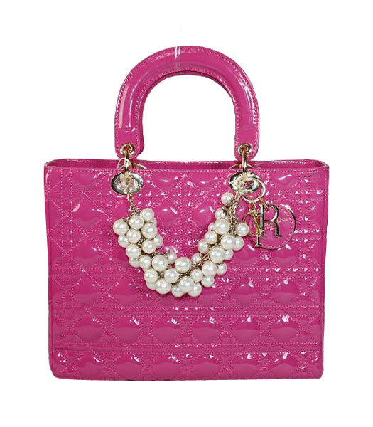Christian Dior Medium Lady Cannage Fuchsia Patent Tote With Golden Chain And Pearl