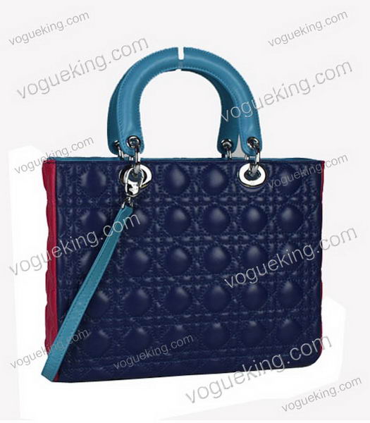 Christian Dior Medium Lady Cannage Silver D Tote Blue Lambskin Leather With Green Handle-1