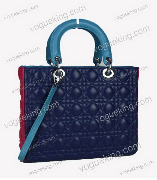 Christian Dior Medium Lady Cannage Silver D Tote Blue Lambskin Leather With Green Handle-2