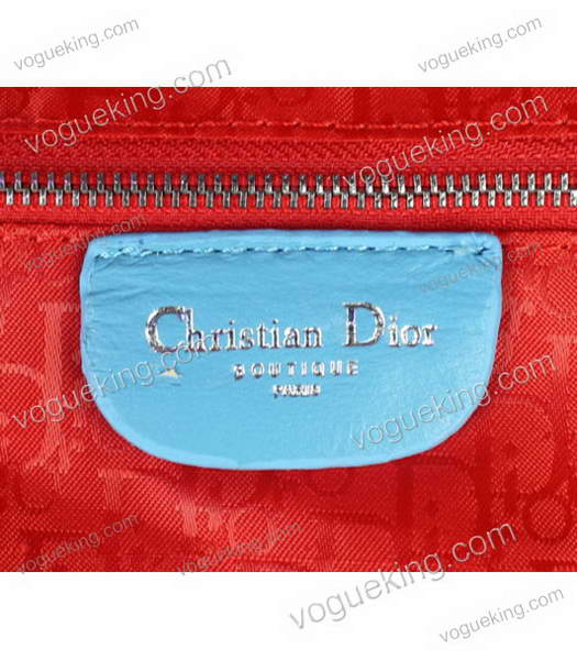 Christian Dior Medium Lady Cannage Silver D Tote Blue Lambskin Leather With Green Handle-5