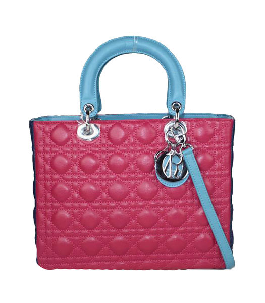Christian Dior Medium Lady Cannage Silver D Tote Fuchsia Lambskin Leather With Green Handle