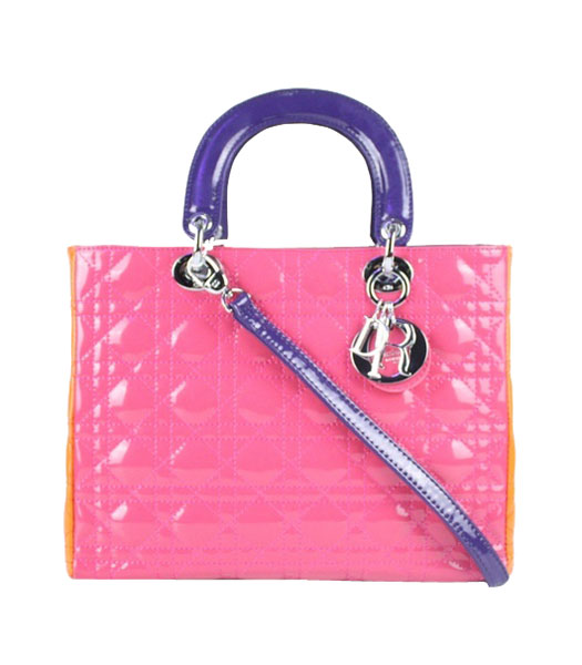 Christian Dior Medium Lady Cannage Silver D Tote Peach Patent Leather With Purple Handle