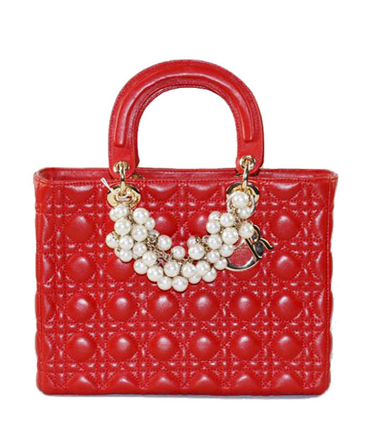 Christian Dior Medium Red Lambskin Leather Tote With Golden Chain And Pearl