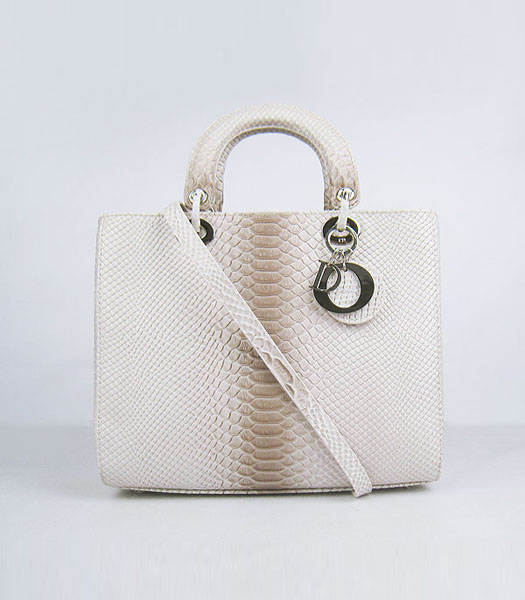 Christian Dior Middle Snake Veins Messenger Tote Bag White with Grey Leather 