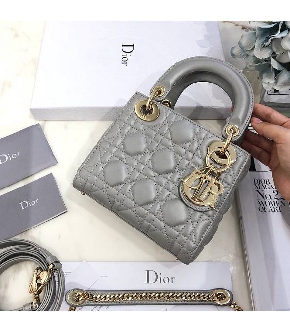 Christian Dior Mini Lady Classic Grey Original Lambskin Leather Golden Metal 17cm Tote Bag
