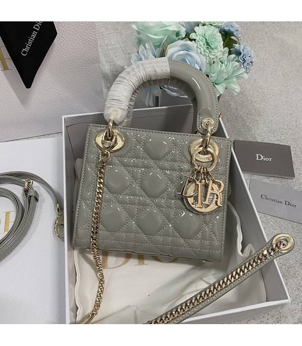 Christian Dior Mini Lady Classic Light Grey Original Patent Leather Golden Metal 17cm Tote Bag