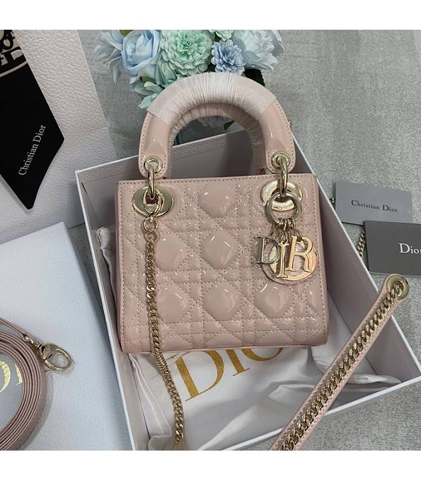Christian Dior Mini Lady Classic Light Pink Original Patent Leather Golden Metal 17cm Tote Bag