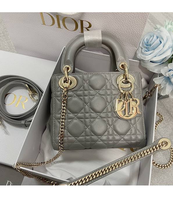 Christian Dior Mini Lady Classic Pearl Grey Original Lambskin Leather Golden Metal 17cm Tote Bag
