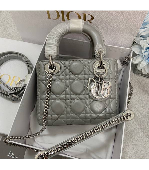 Christian Dior Mini Lady Classic Pearl Grey Original Lambskin Leather Silver Metal 17cm Tote Bag