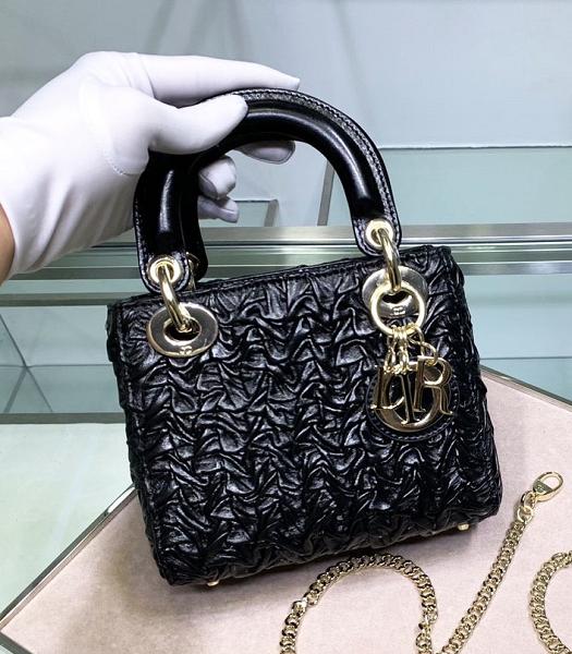 Christian Dior Original Crack Veins Calfskin Golden Metal 17cm Tote Bag Black