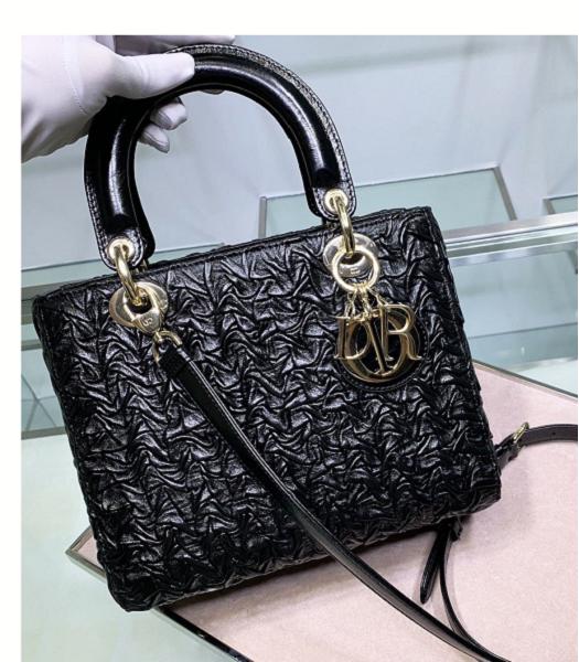 Christian Dior Original Crack Veins Calfskin Golden Metal 24cm Tote Bag Black