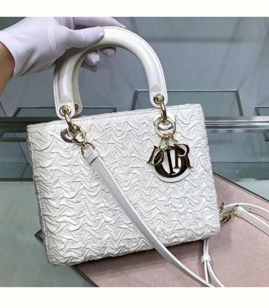 Christian Dior Original Crack Veins Calfskin Golden Metal 24cm Tote Bag White