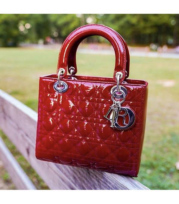 Christian Dior Original Patent Leather Silver Metal 24cm Tote Bag Red