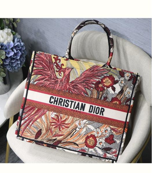 Christian Dior Phoenix Embroidered Canvas 41cm Book Tote Bag Red
