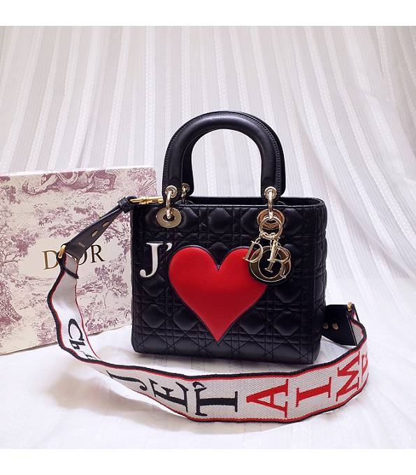 Christian Dior Red Heart-Shape Printed Black Original Lambskin Leather Golden Metal 24cm Tote Bag