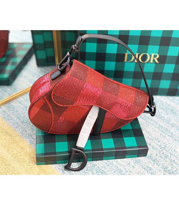 Christian Dior Red Original Rhinestones Sequins Leather 25cm Saddle Tote Bag