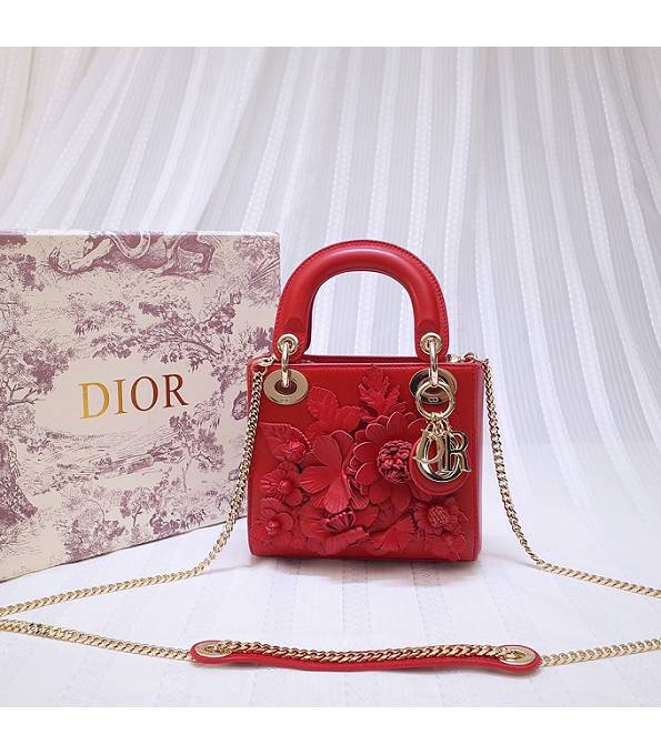 Christian Dior Relief Flower Red Original Lambskin Leather Golden Metal 17cm Tote Bag