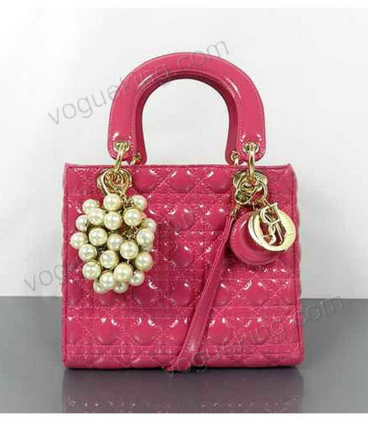 Christian Dior Small Fuchsia Patent Leather Tote With Golden Chain And Pearl-1
