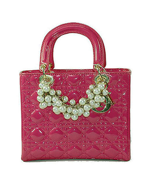Christian Dior Small Fuchsia Patent Leather Tote With Golden Chain And Pearl